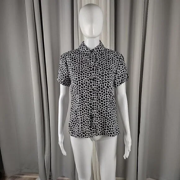 Kim Rogers Petite 100% Linen Black White Pattern Button Down Shirt Size PS - Picture 1 of 11